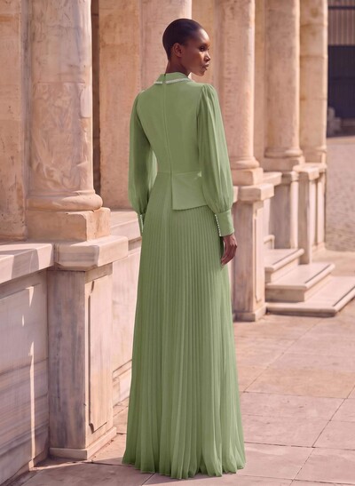 A-Line V-Neck Long Sleeves Sweep Train Chiffon Evening Dresses