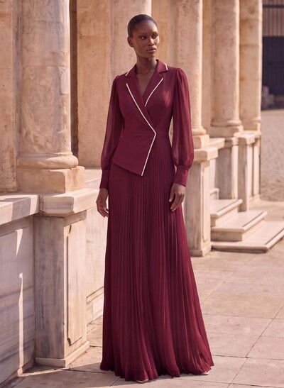 A-Line V-Neck Long Sleeves Sweep Train Chiffon Evening Dresses