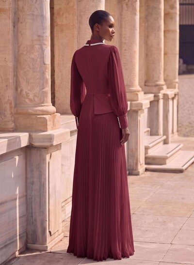 A-Line V-Neck Long Sleeves Sweep Train Chiffon Evening Dresses