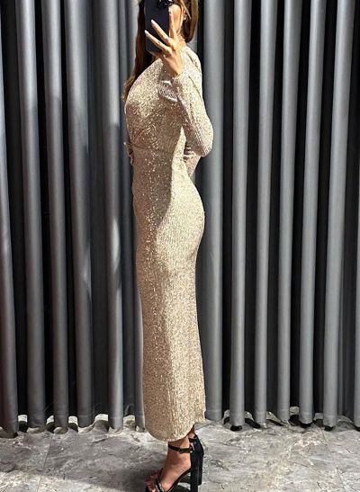 Sheath/Column V-Neck Long Sleeves Sequined Evening Dresses