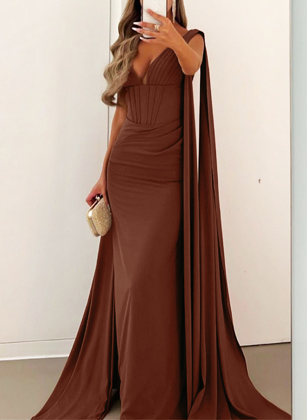 Sheath/Column V-Neck Sleeveless Sweep Train Elastic Satin Evening Dresses