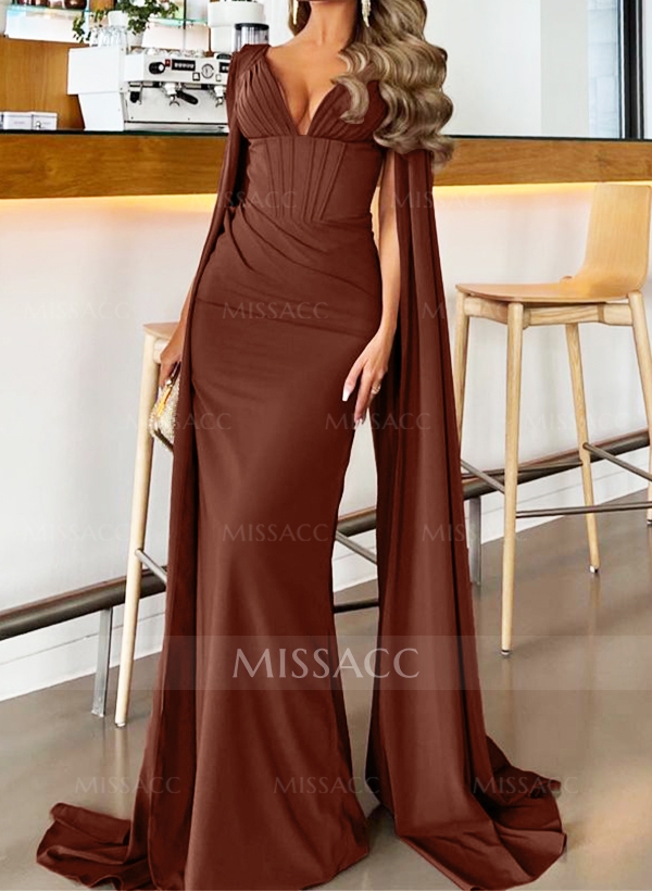 Sheath/Column V-Neck Sleeveless Sweep Train Elastic Satin Evening Dresses