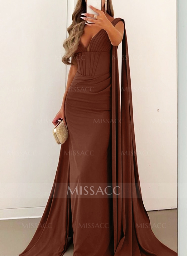 Sheath/Column V-Neck Sleeveless Sweep Train Elastic Satin Evening Dresses