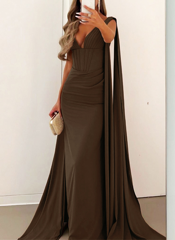 Sheath/Column V-Neck Sleeveless Sweep Train Jersey Evening Dresses
