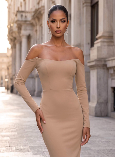 Sheath/Column Off-The-Shoulder Long Sleeves Elastic Satin Evening Dresses