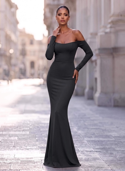Sheath/Column Off-The-Shoulder Long Sleeves Elastic Satin Evening Dresses