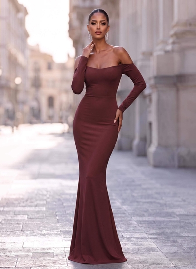 Sheath/Column Off-The-Shoulder Long Sleeves Elastic Satin Evening Dresses