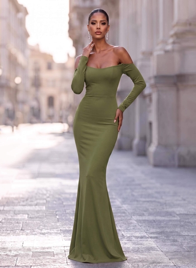 Sheath/Column Off-The-Shoulder Long Sleeves Elastic Satin Evening Dresses