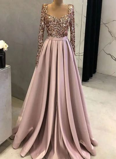 A-Line Long Sleeves Sweep Train Sequined Evening Dresses