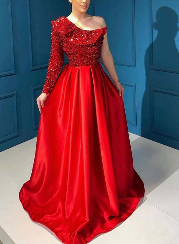 A-Line One-Shoulder Long Sleeves Sequined Evening Dresses With Ruffle