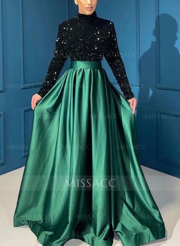 A-Line High Neck Long Sleeves Sweep Train Sequined Evening Dresses