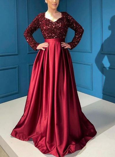 A-Line Long Sleeves Sweep Train Sequined Evening Dresses