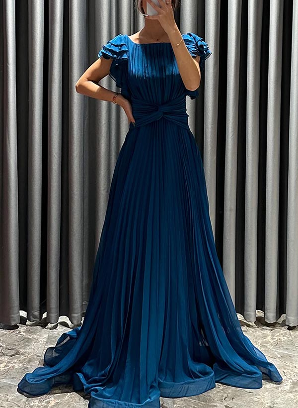 A-Line Scoop Neck Sleeveless/Short Sleeves Chiffon Evening Dresses With Ruffle