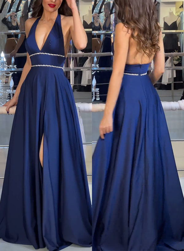 A-Line Halter Sleeveless Satin Evening Dresses With Split Front