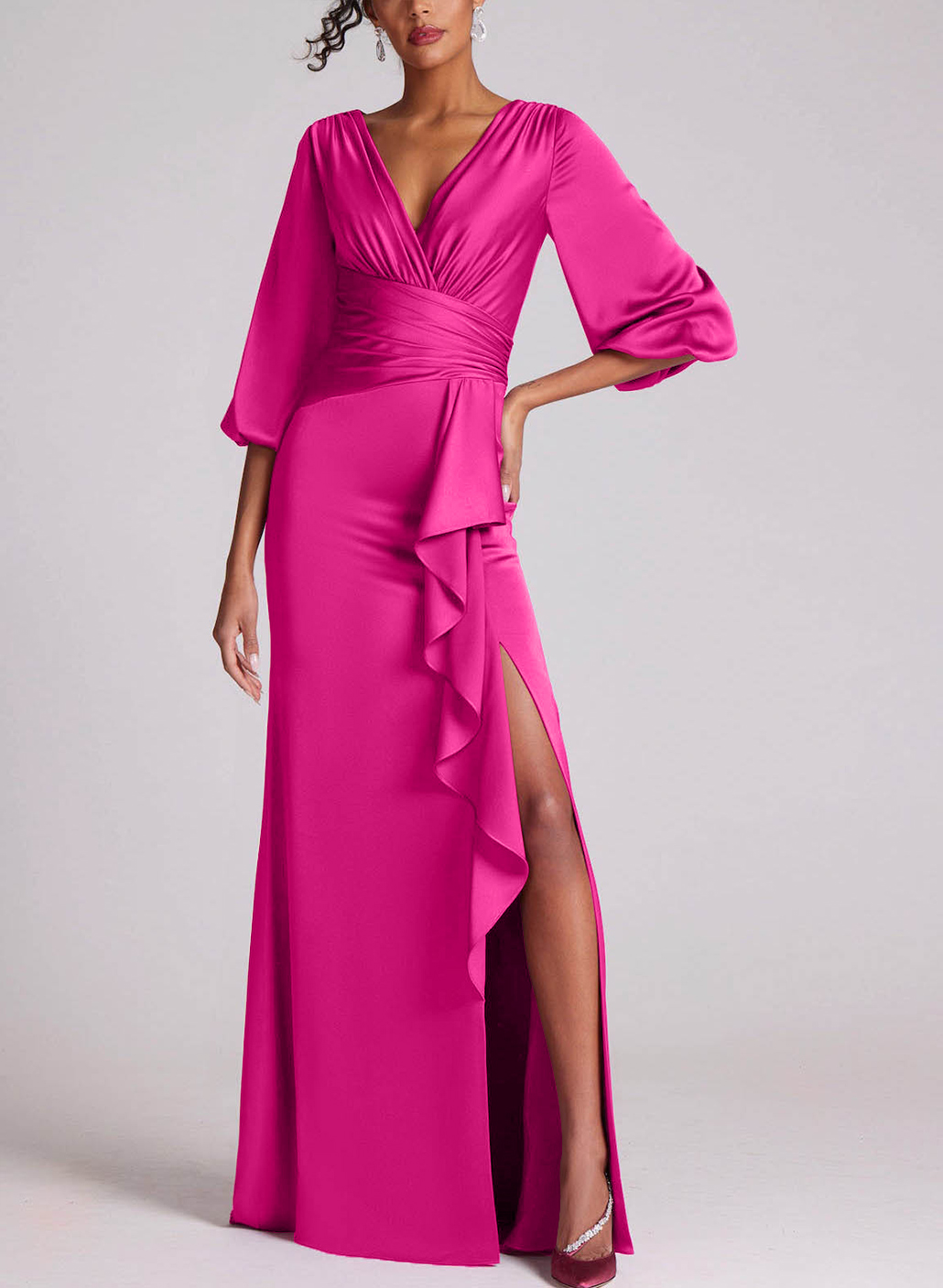 V-Neck Charmeuse Sleeves Simple Evening Dresses