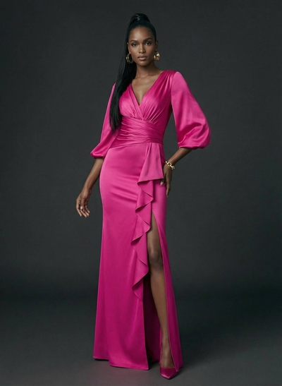 V-Neck Charmeuse Sleeves Simple Evening Dresses