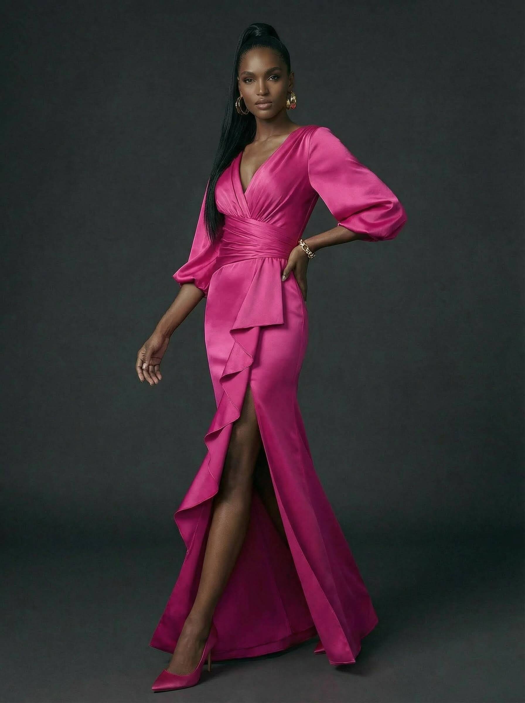 V-Neck Charmeuse Sleeves Simple Evening Dresses