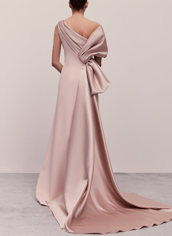 A-Line One-Shoulder Sleeveless Sweep Train Silk Like Satin Evening Dresses