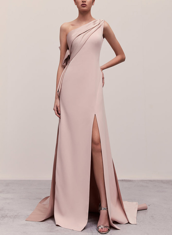 A-Line One-Shoulder Sleeveless Sweep Train Silk Like Satin Evening Dresses