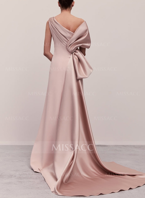 A-Line One-Shoulder Sleeveless Sweep Train Silk Like Satin Evening Dresses