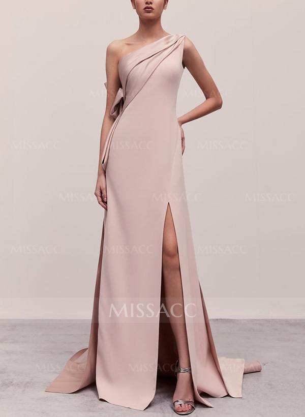 A-Line One-Shoulder Sleeveless Sweep Train Silk Like Satin Evening Dresses