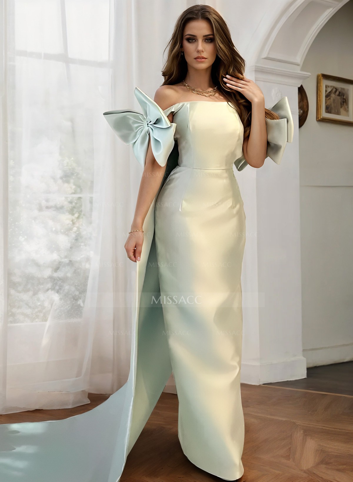 Sheath/Column Off-The-Shoulder Sleeveless Satin Evening Dresses With Bow(s)