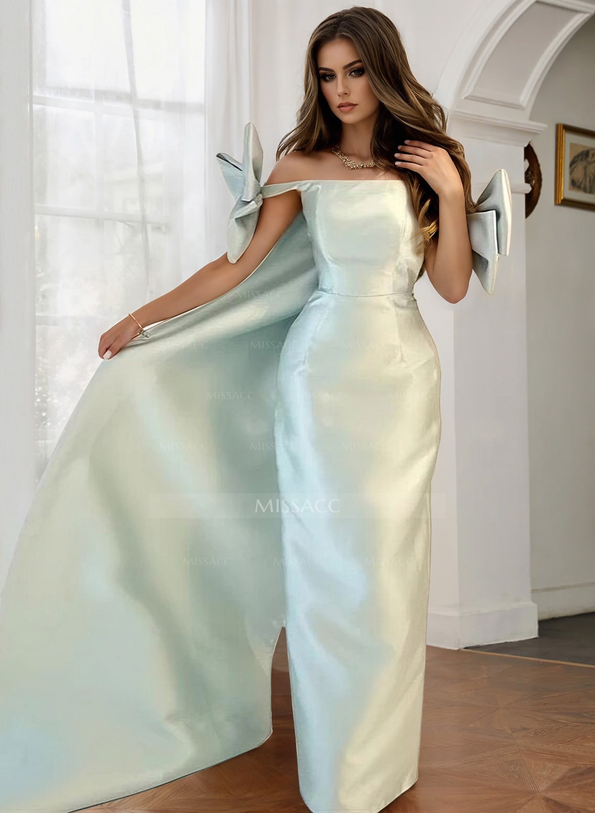 Sheath/Column Off-The-Shoulder Sleeveless Satin Evening Dresses With Bow(s)