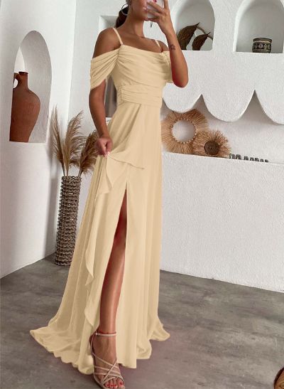 A-Line Scoop Neck Sleeveless Chiffon Evening Dresses With Split Front