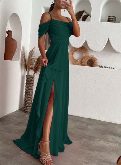 A-Line Scoop Neck Sleeveless Chiffon Evening Dresses With Split Front