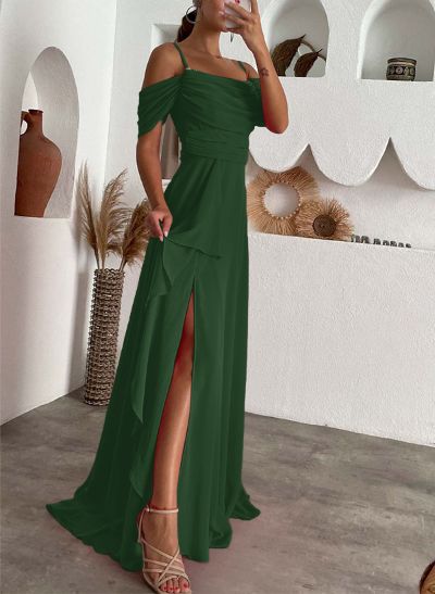 A-Line Scoop Neck Sleeveless Chiffon Evening Dresses With Split Front