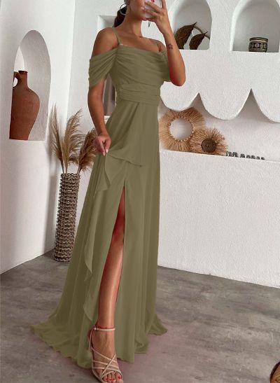 A-Line Scoop Neck Sleeveless Chiffon Evening Dresses With Split Front
