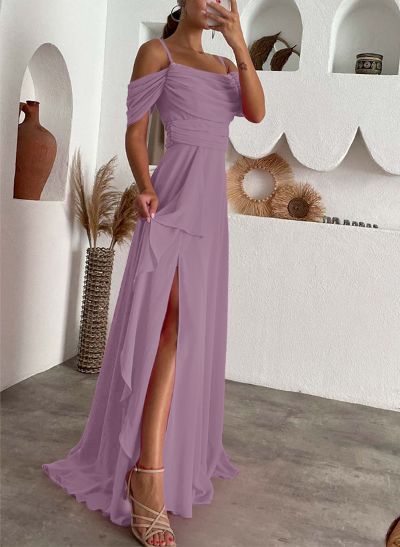 A-Line Scoop Neck Sleeveless Chiffon Evening Dresses With Split Front