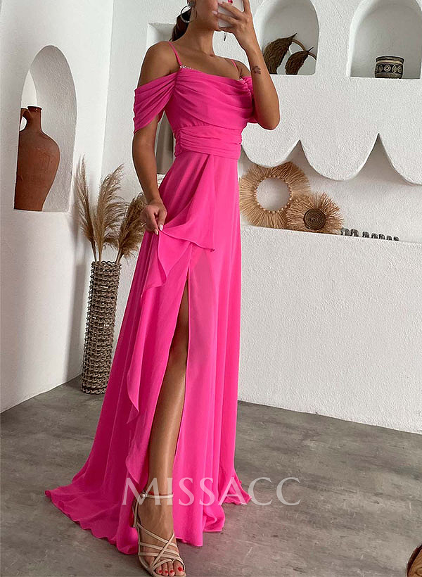 A-Line Scoop Neck Sleeveless Chiffon Evening Dresses With Split Front