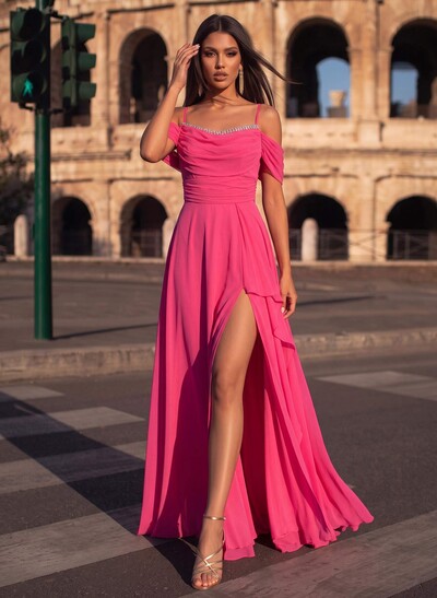 A-Line Scoop Neck Sleeveless Chiffon Evening Dresses With Split Front