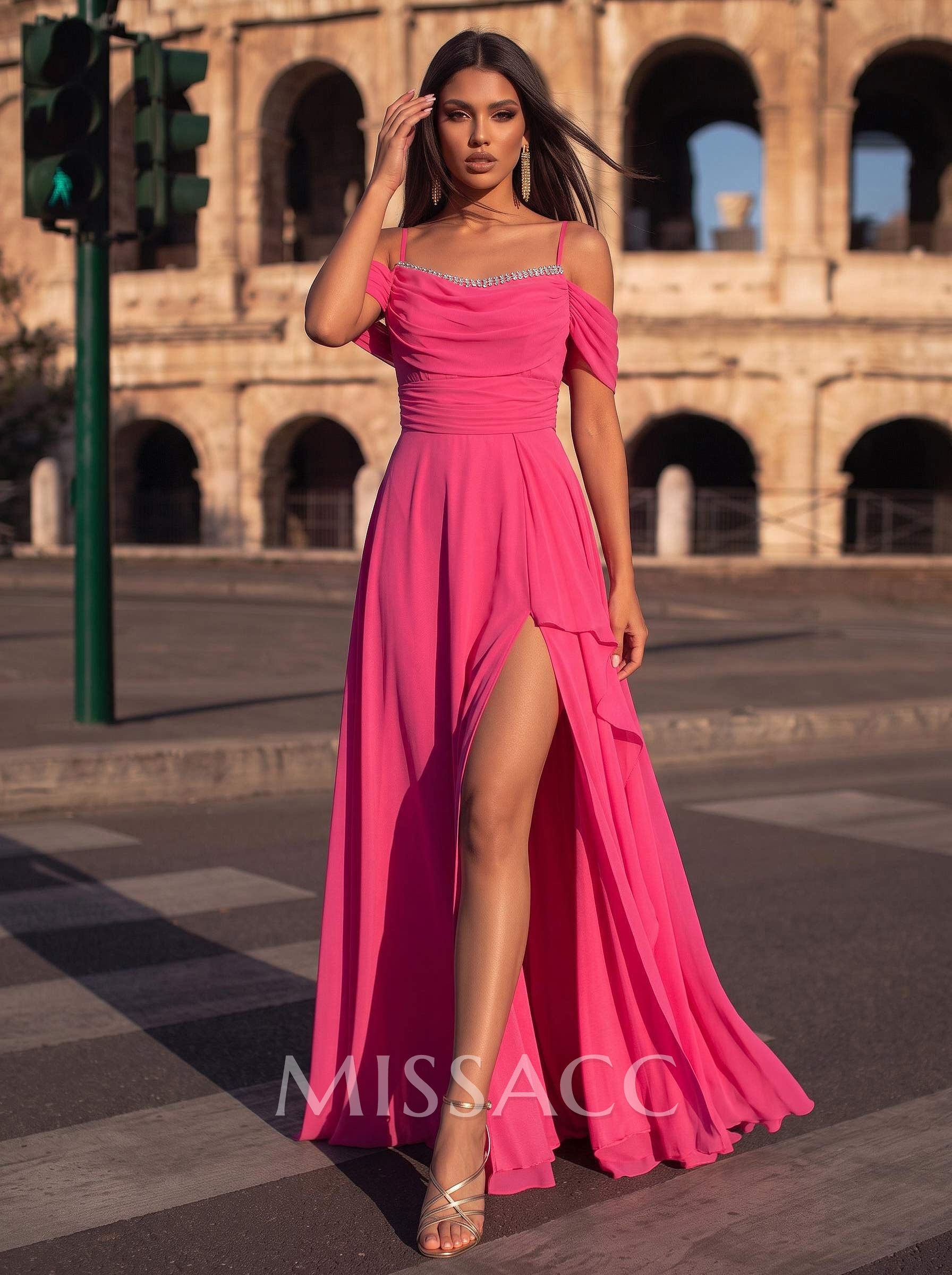 A-Line Scoop Neck Sleeveless Chiffon Evening Dresses With Split Front
