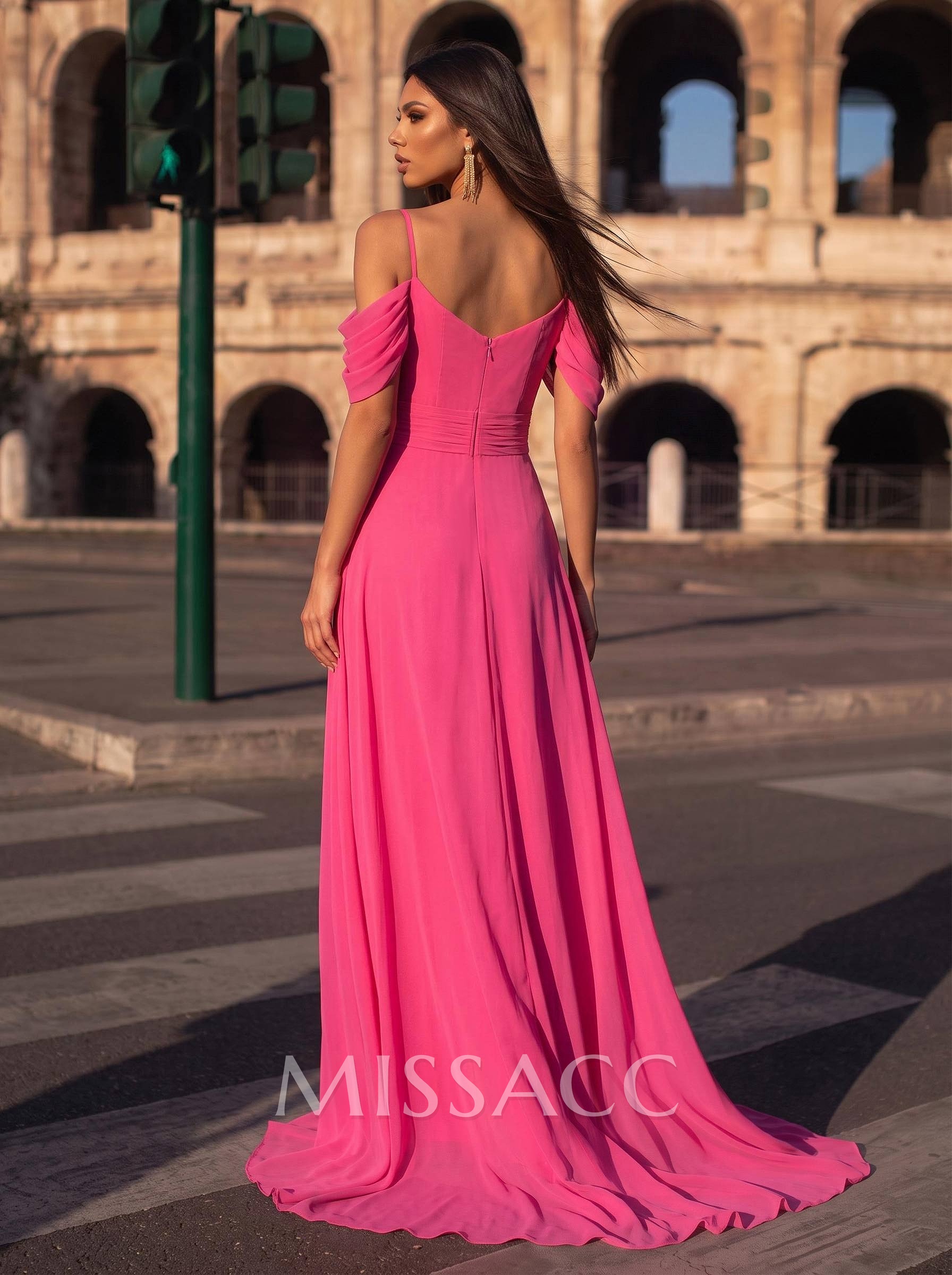 A-Line Scoop Neck Sleeveless Chiffon Evening Dresses With Split Front