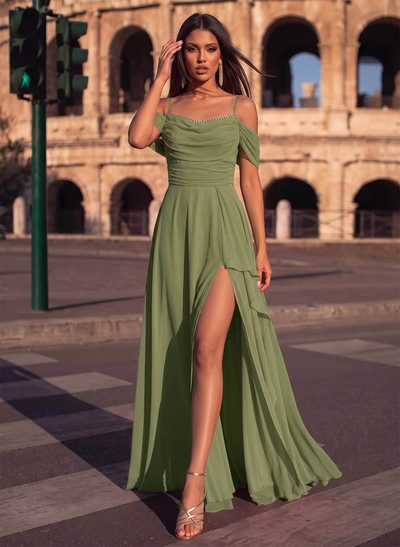 A-Line Scoop Neck Sleeveless Chiffon Evening Dresses With Split Front