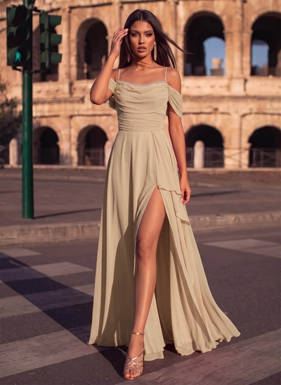A-Line Scoop Neck Sleeveless Chiffon Evening Dresses With Split Front