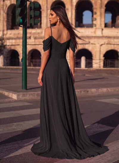 A-Line Scoop Neck Sleeveless Chiffon Evening Dresses With Split Front
