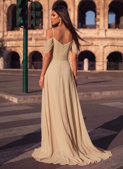 A-Line Scoop Neck Sleeveless Chiffon Evening Dresses With Split Front
