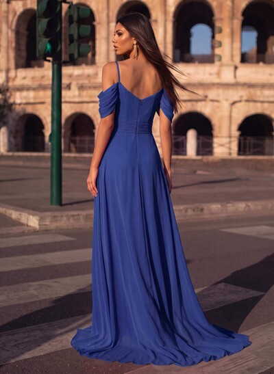 A-Line Scoop Neck Sleeveless Chiffon Evening Dresses With Split Front