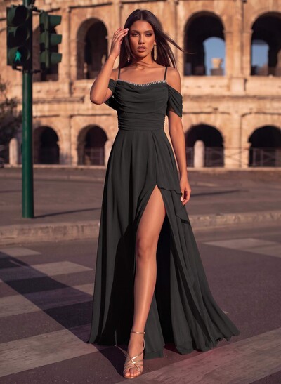 A-Line Scoop Neck Sleeveless Chiffon Evening Dresses With Split Front
