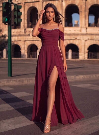 A-Line Scoop Neck Sleeveless Chiffon Evening Dresses With Split Front