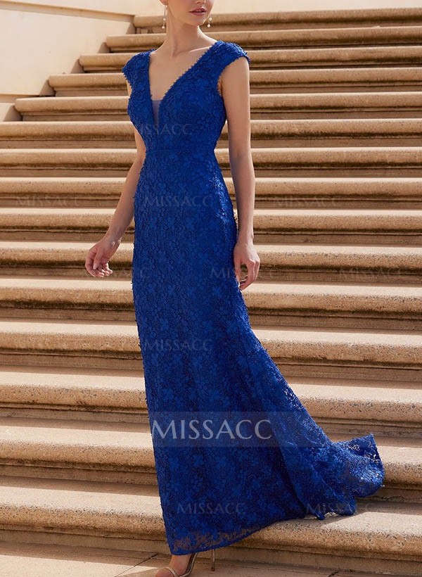 Sheath/Column V-Neck Sleeveless Sweep Train Lace Evening Dresses