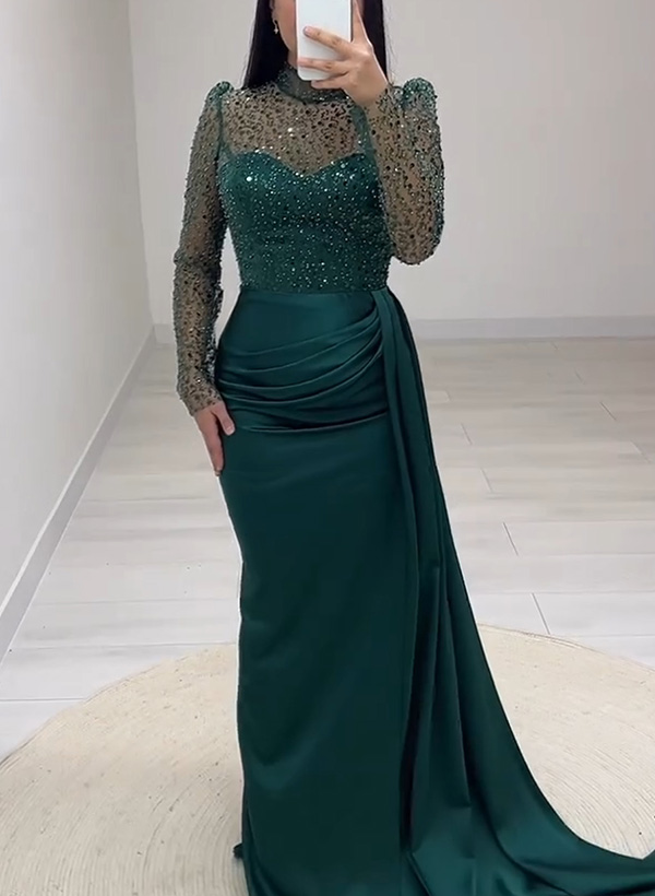 Sheath/Column Illusion Neck Long Sleeves Sequined Prom Dresses With Split Front