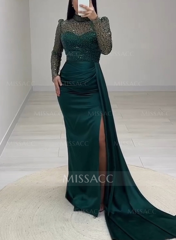 Sheath/Column Illusion Neck Sequined Evening Dresses With Split Front