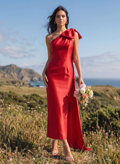 Sheath/Column One-Shoulder Sleeveless Satin Evening Dresses With Bow(s)