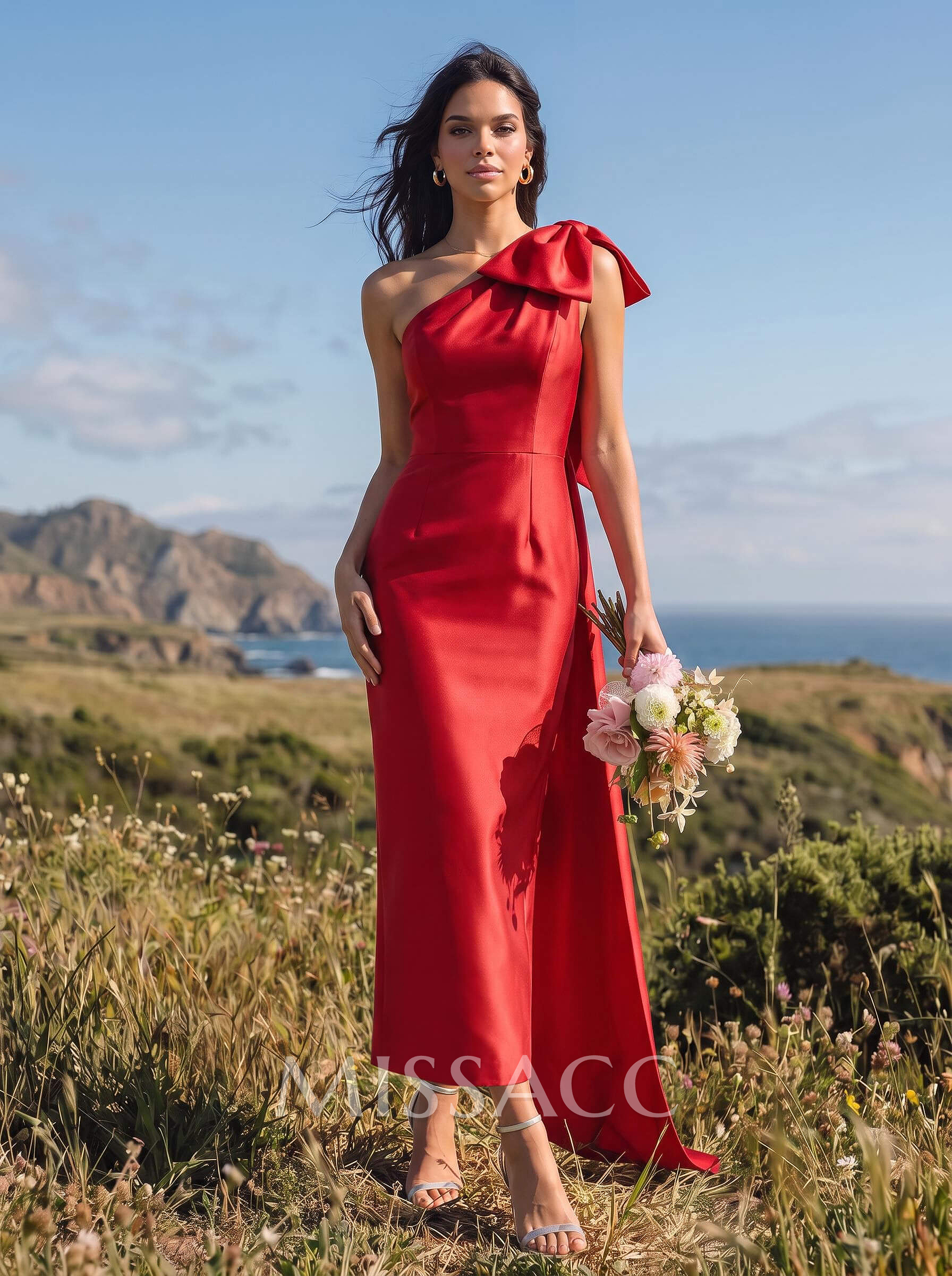 Sheath/Column One-Shoulder Sleeveless Satin Evening Dresses With Bow(s)
