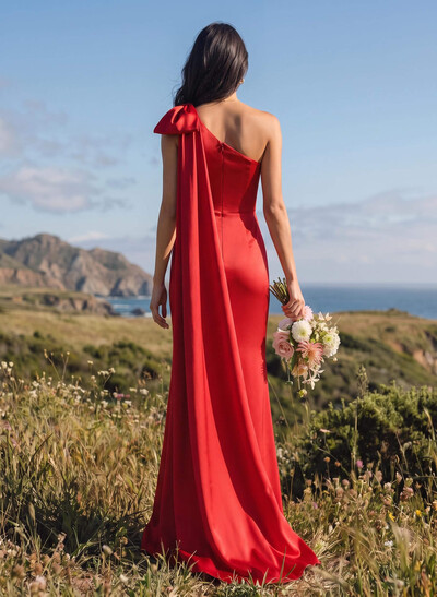 Sheath/Column One-Shoulder Sleeveless Satin Evening Dresses With Bow(s)