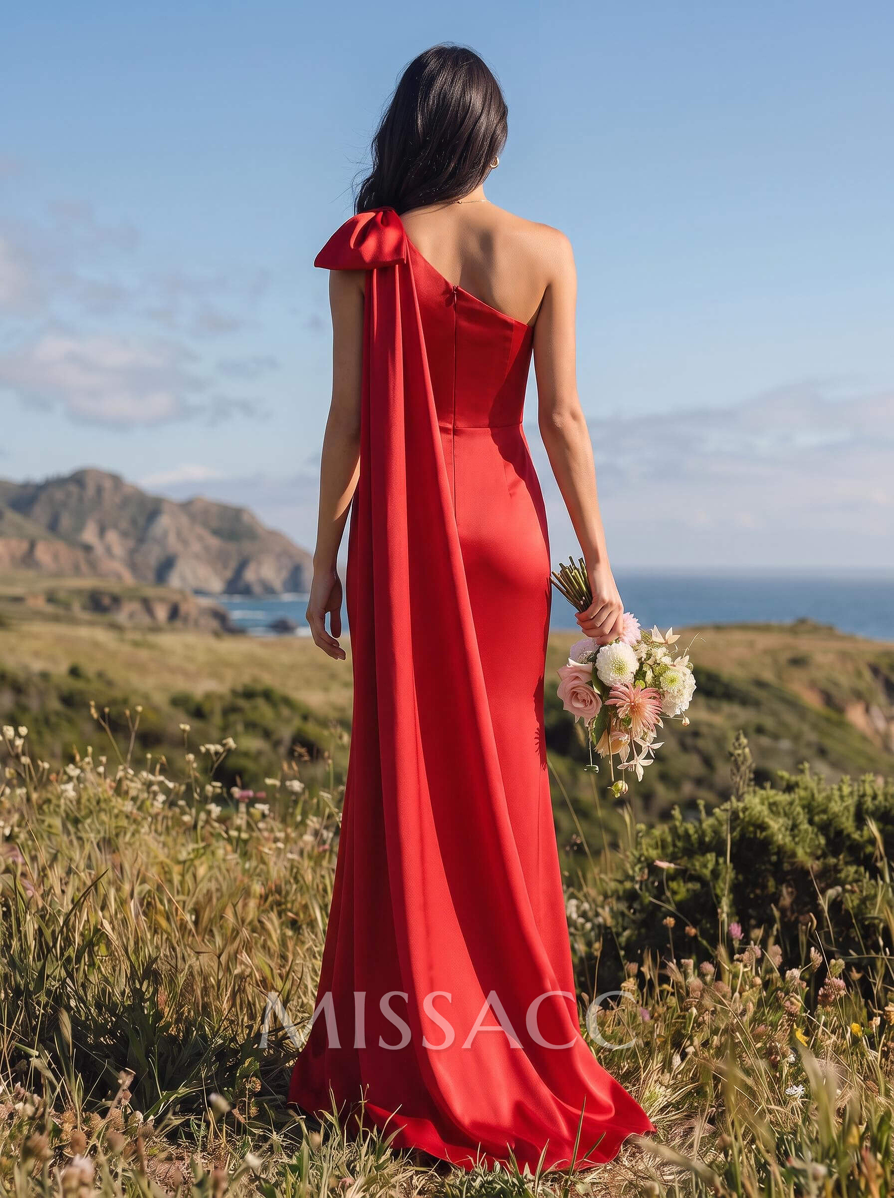 Sheath/Column One-Shoulder Sleeveless Satin Evening Dresses With Bow(s)
